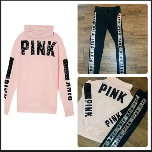 VS  PINK BLING SWEATSHIRT/ YOGA LEGGINGS OUTFIT M - Picture 1 of 12